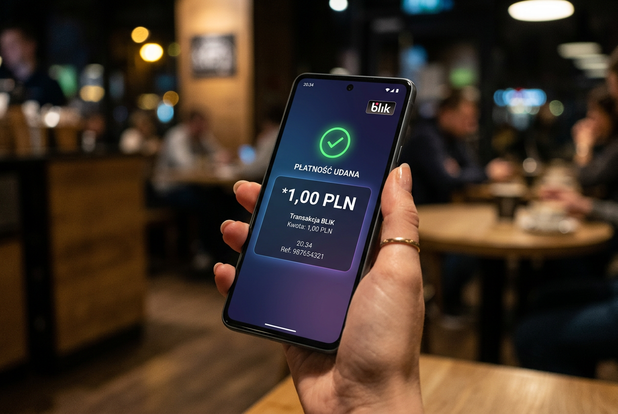 Osoba trzymająca smartfon z aktywną aplikacją bankową wyświetlającą potwierdzenie płatności BLIK na 1 PLN obok złotej monety.