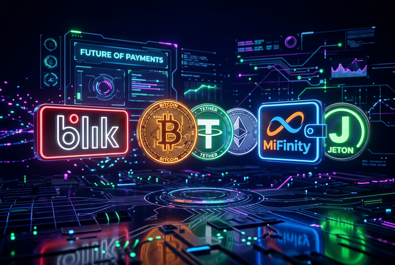 Zestawienie nowoczesnych metod płatności w kasynach: BLIK, e-portfele oraz symbole kryptowalut.