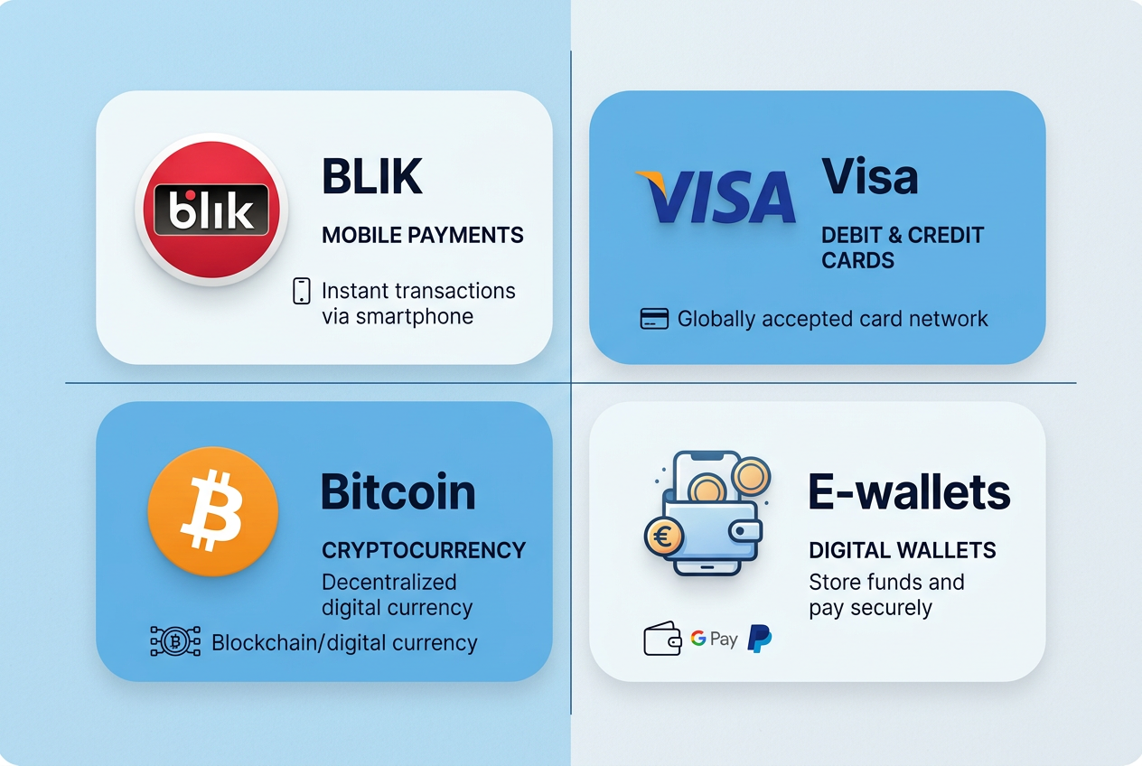 Infografika metod płatności w kasynie: BLIK, Visa, Bitcoin i portfele elektroniczne