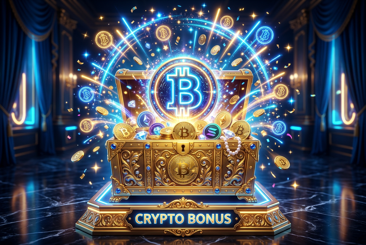 Wizualizacja bonusów bitcoin z ikoną monety i neonowymi efektami świetlnymi