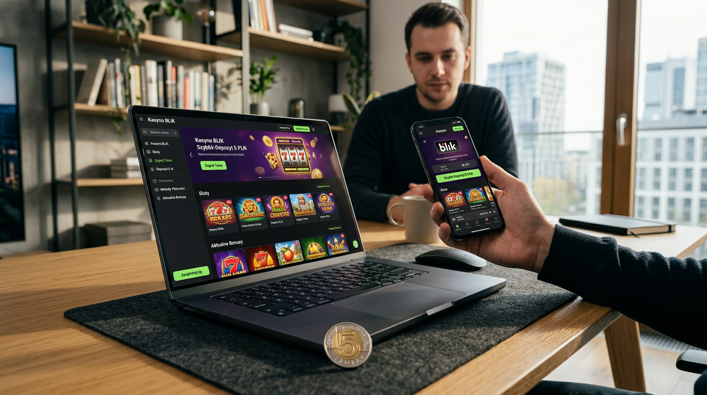 Laptop i smartfon z grami kasynowymi i polską monetą 5 złotych na biurku