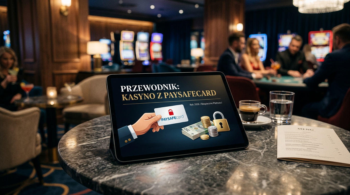 Modern digital tablet showing Paysafecard Casino Guide 2026 in a luxurious casino setting