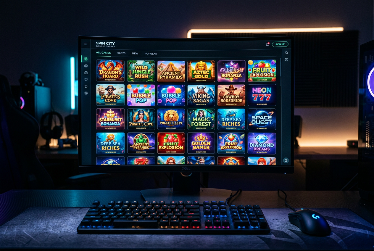 Selection of various colorful online slot game thumbnails in a professional casino interface