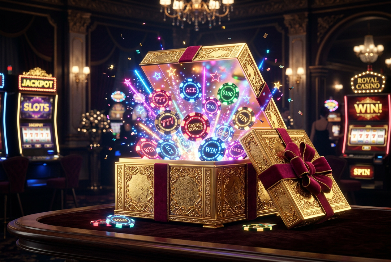 Golden gift box with casino chips representing a gambling bonus