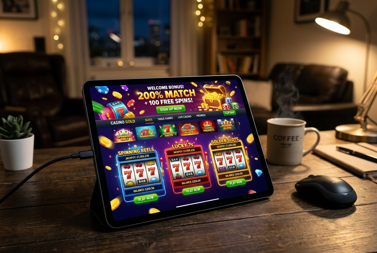 Modern tablet on a table displaying a vibrant online casino interface with bonus crab animation