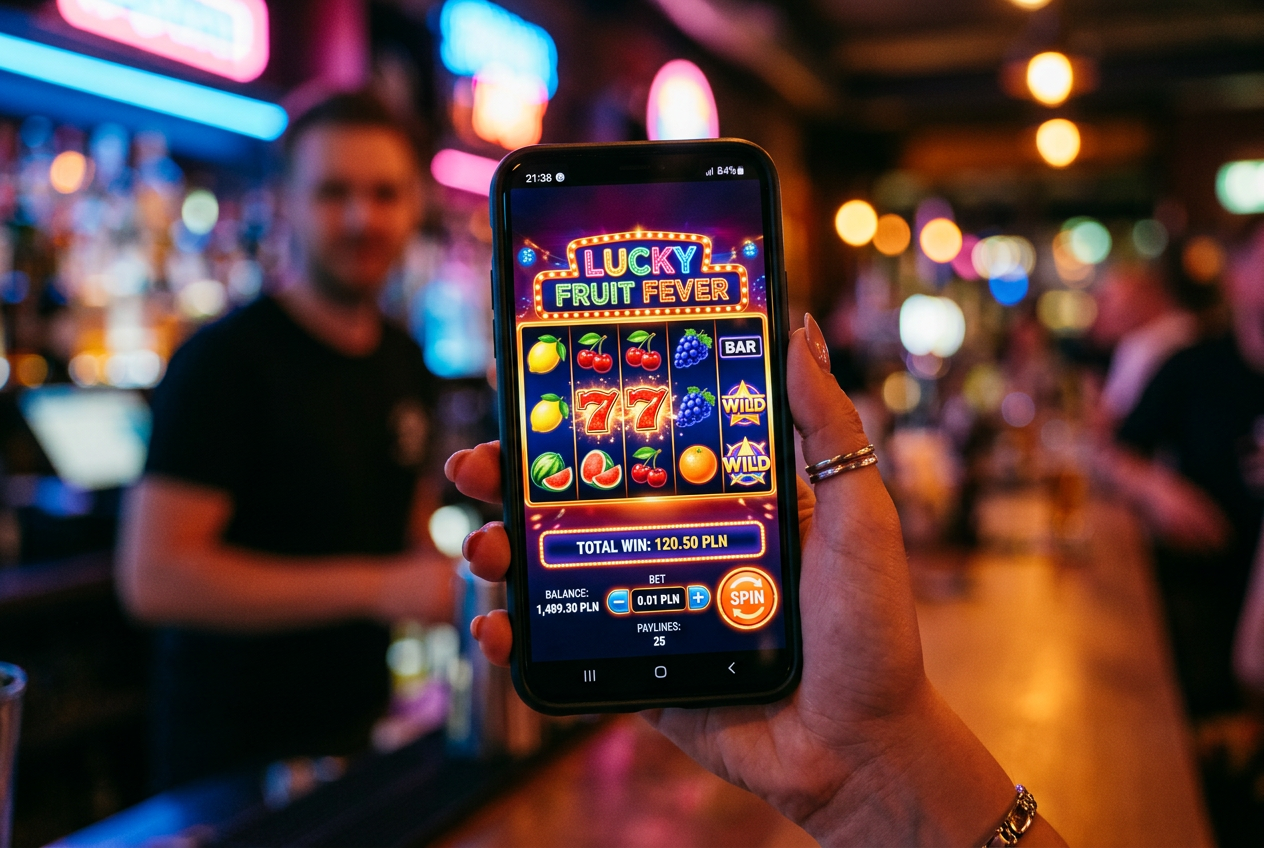 Ekran automatu do gier online typu penny slot z neonowymi symbolami i widocznym ustawieniem stawki 0,01 PLN.