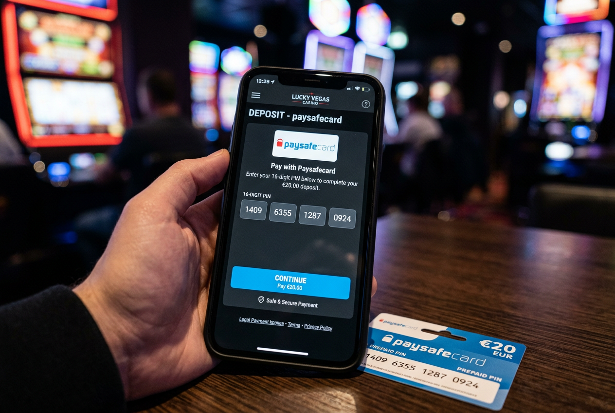 Smartphone displaying an online casino payment page with Paysafecard logo and PIN input field