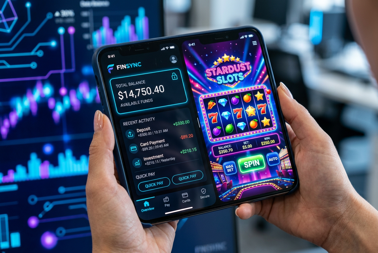 Modern fintech app interface and casino game on a high-end smartphone display